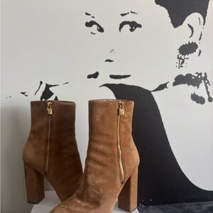 Michael Kors Cognac Suede Block Heel Ankle Boots with Gold Zip